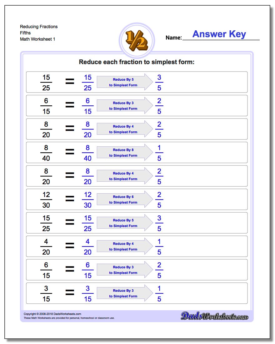 Reducing Fraction Worksheets Fifths