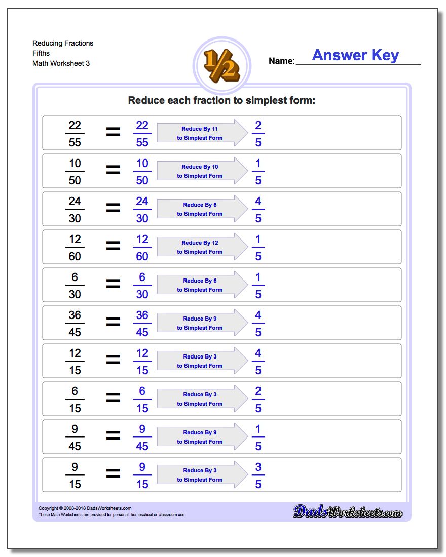 Reducing Fraction Worksheets Fifths
