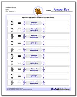 Reducing Fraction Worksheets Fifths