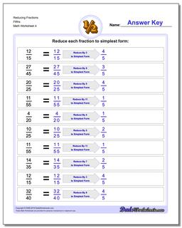 Reducing Fraction Worksheets Fifths