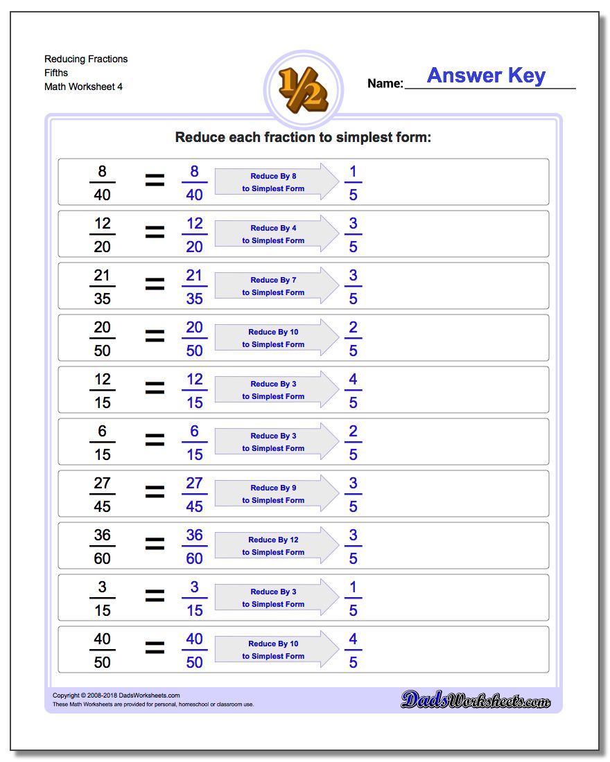 Reducing Fraction Worksheets Fifths
