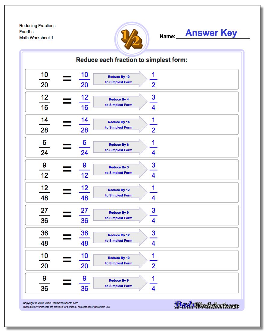 Reducing Fraction Worksheets Fourths