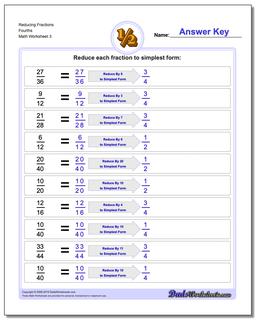 Reducing Fraction Worksheets Fourths