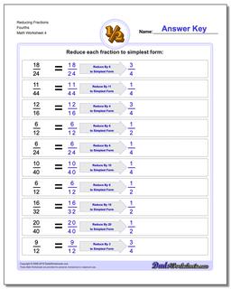 Reducing Fraction Worksheets Fourths