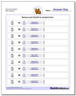 Reducing Fraction Worksheets Hundredths