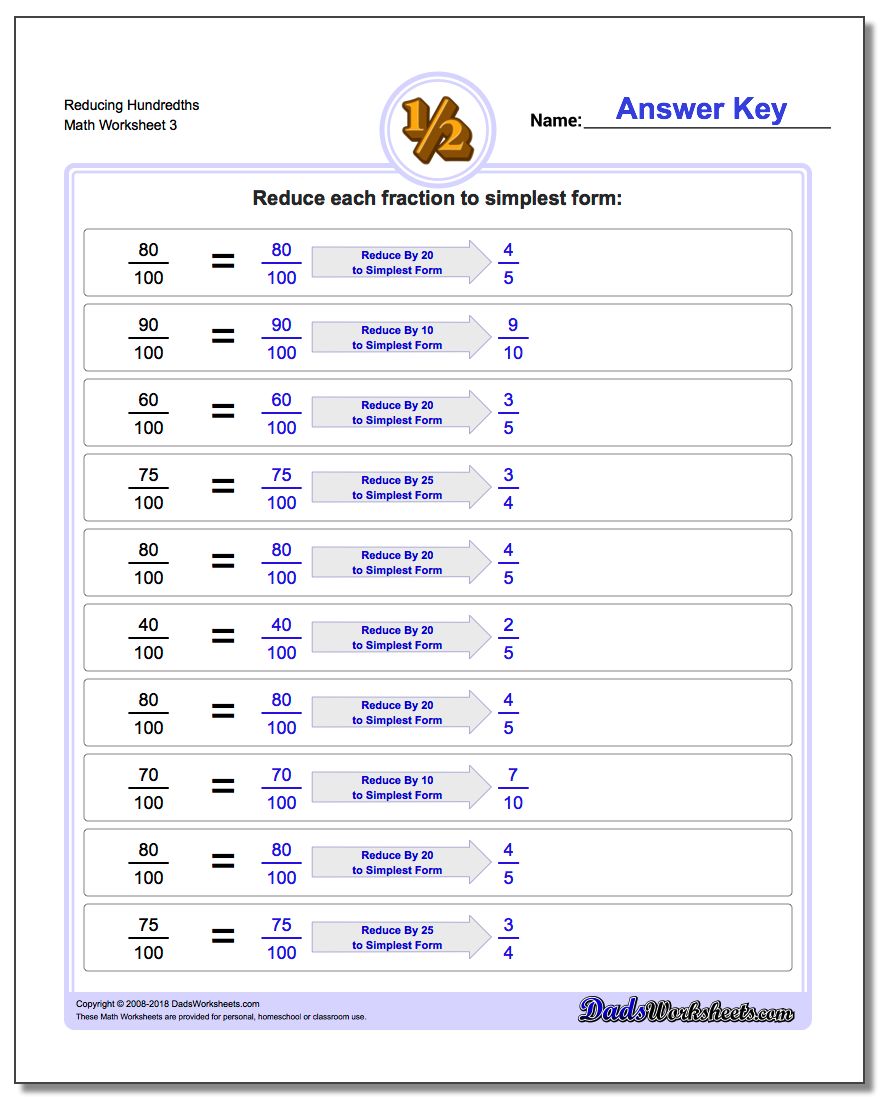 Reducing Hundredths Worksheet
