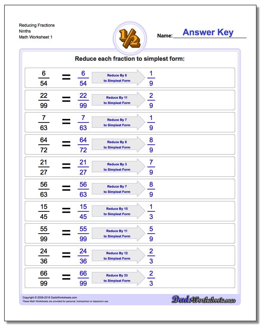 Reducing Fraction Worksheets Ninths
