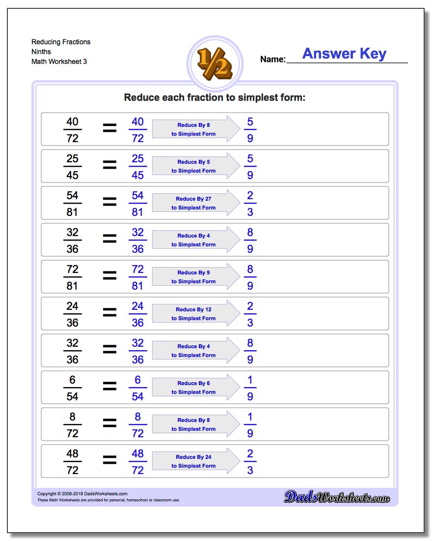 Reducing Fraction Worksheets Ninths