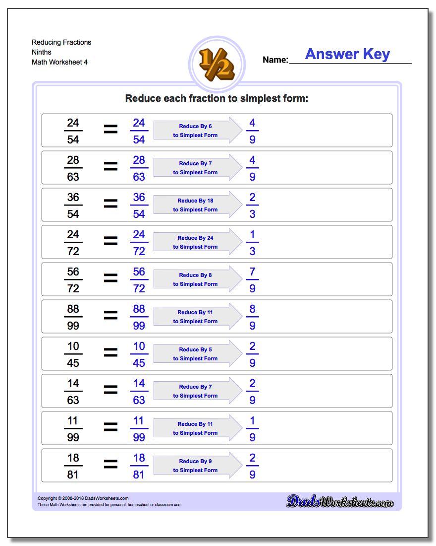 Reducing Fraction Worksheets Ninths
