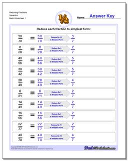 Reducing Fraction Worksheets Sevenths