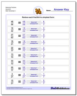 Reducing Fraction Worksheets Sevenths