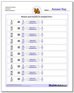 Reducing Fraction Worksheets Sevenths