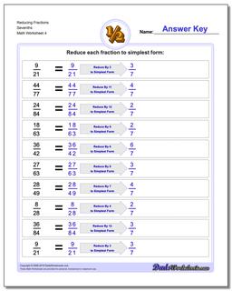 Reducing Fraction Worksheets Sevenths