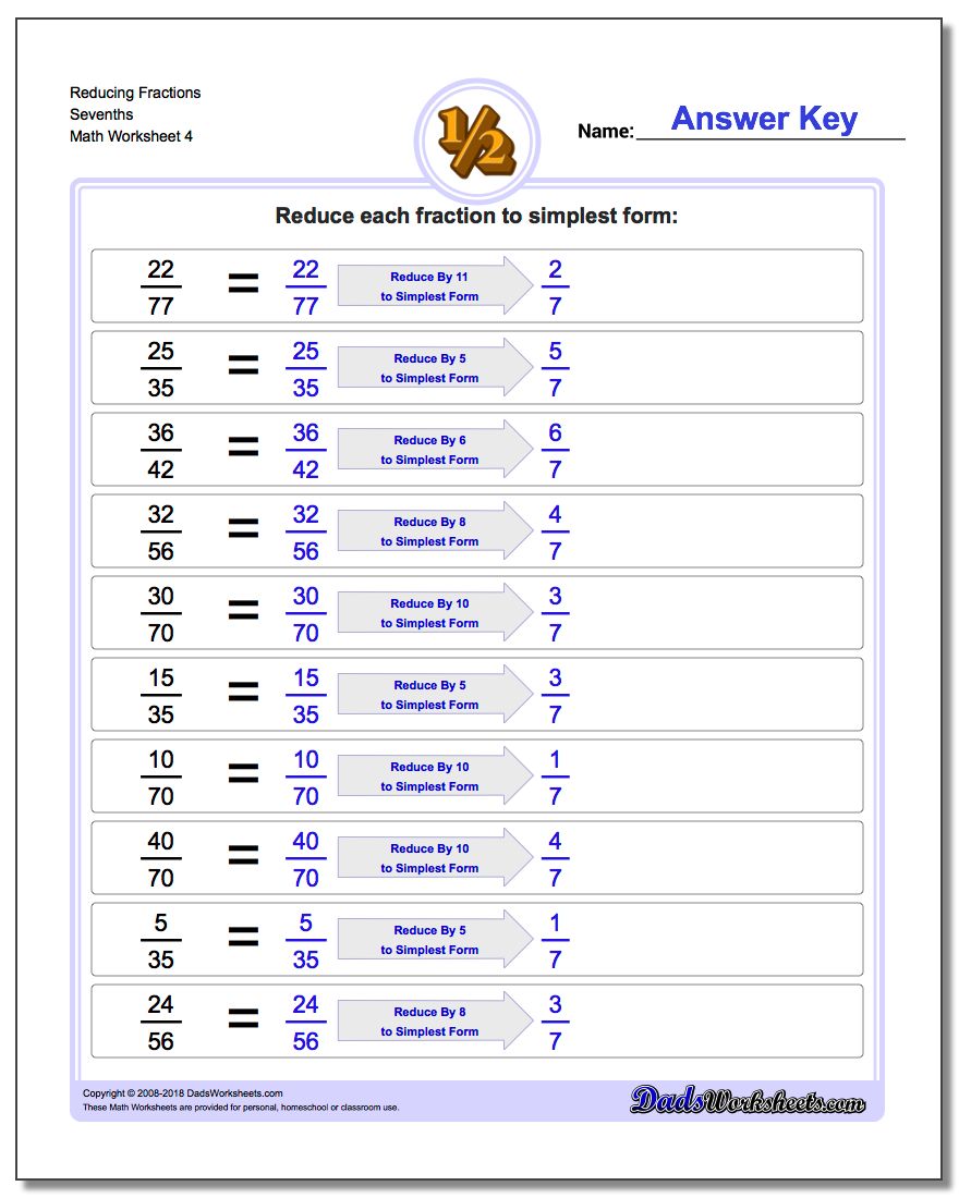 Reducing Fraction Worksheets Sevenths
