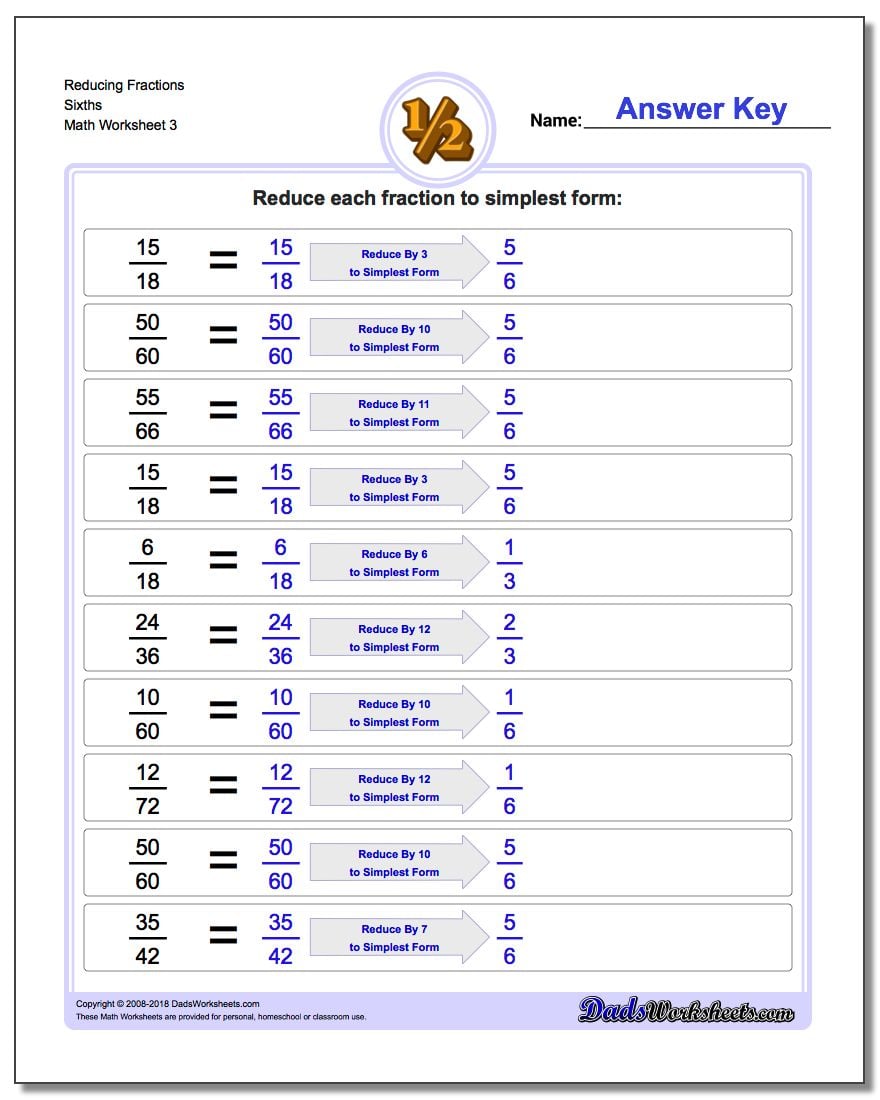 Reducing Fraction Worksheets Sixths