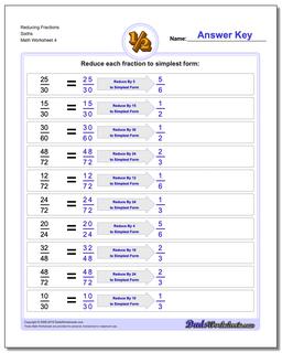 Reducing Fraction Worksheets Sixths