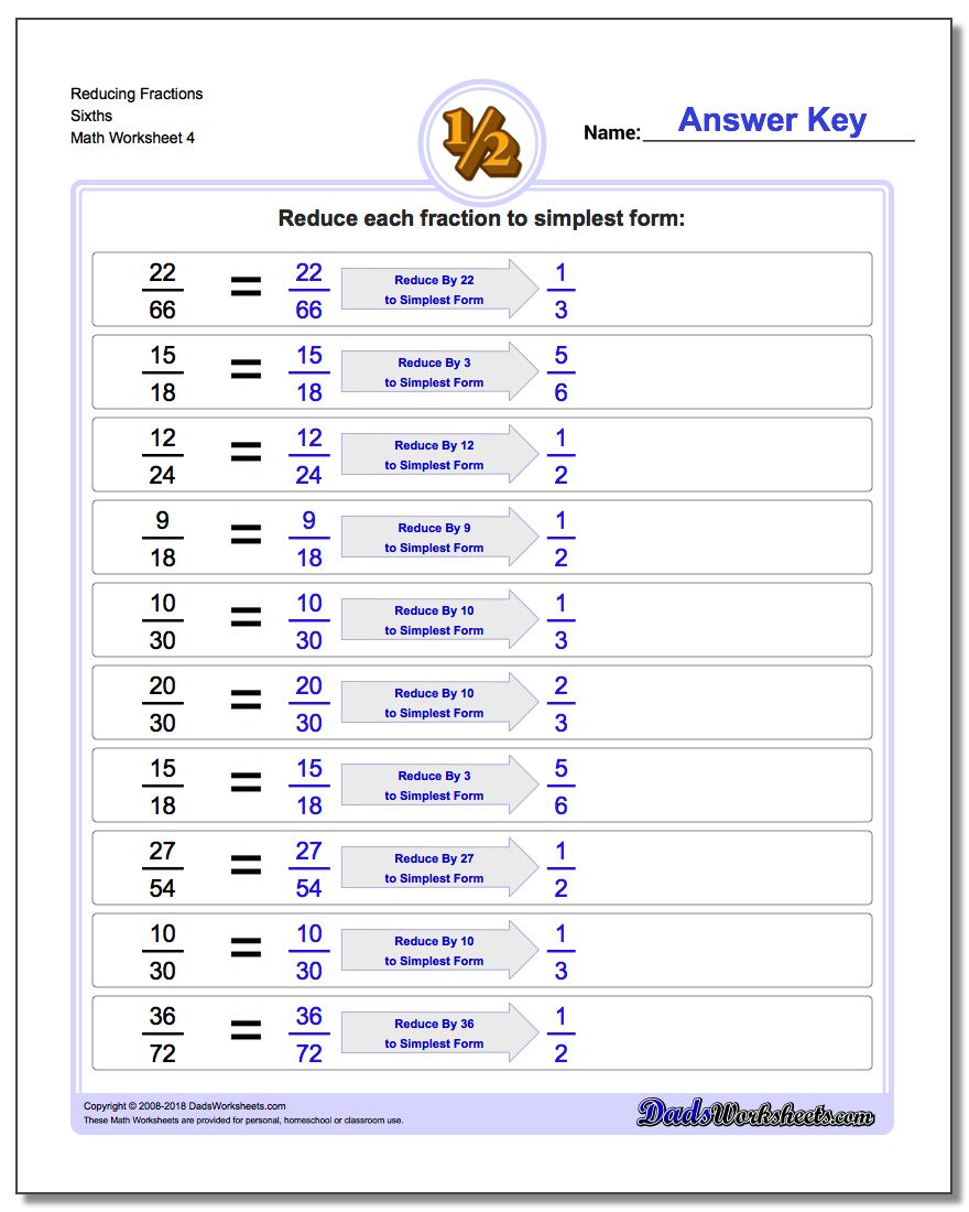 Reducing Fraction Worksheets Sixths