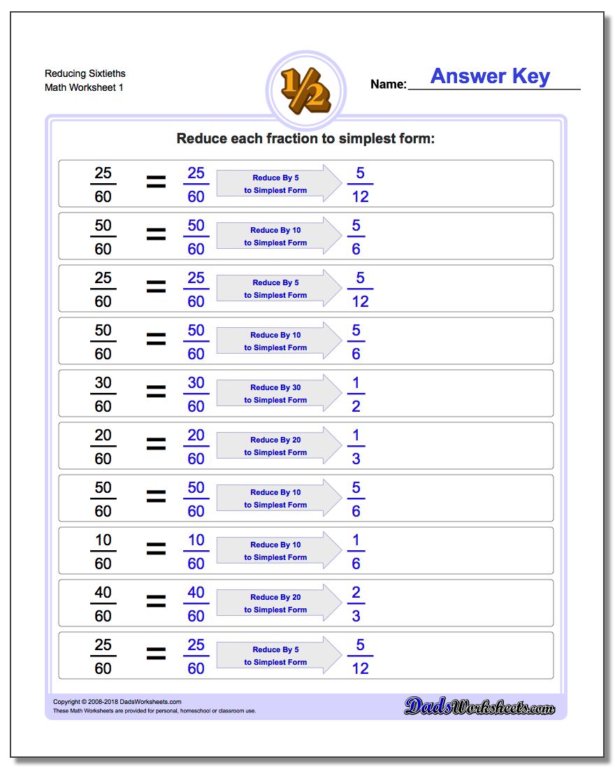 Reducing Fraction Worksheets Sixtieths