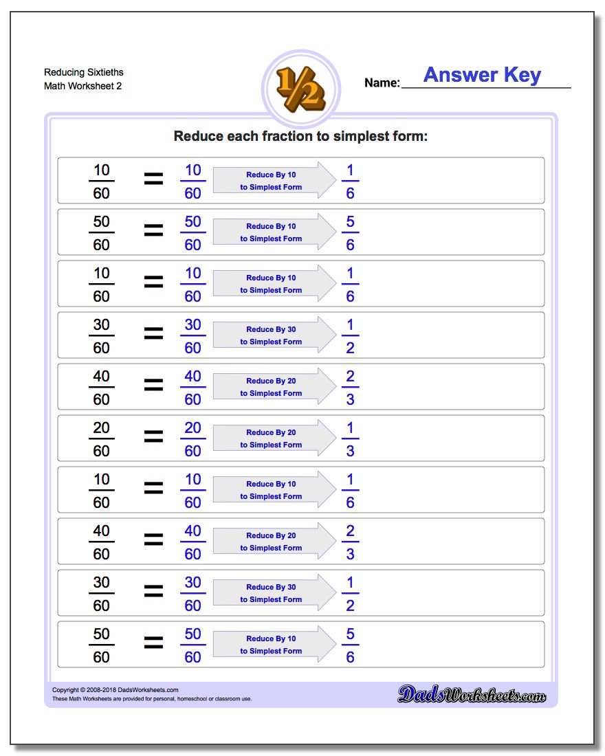 Reducing Sixtieths www.dadsworksheets.com/worksheets/reducing-fractions.html Worksheet