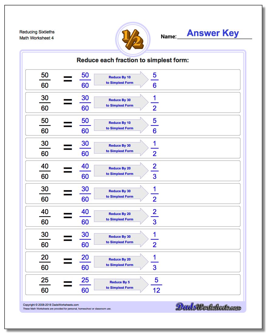 Reducing Sixtieths Worksheet