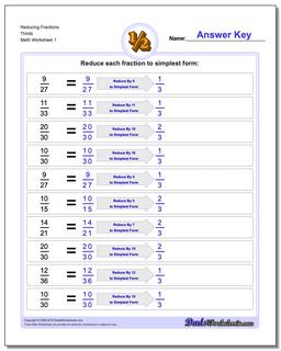 Reducing Fraction Worksheets Thirds