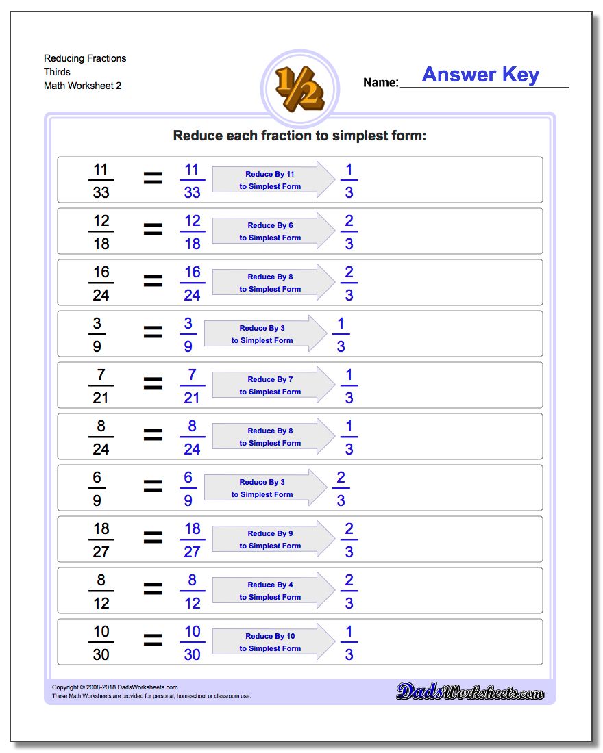 Reducing Fraction Worksheets Thirds www.dadsworksheets.com/worksheets/reducing-fractions.html