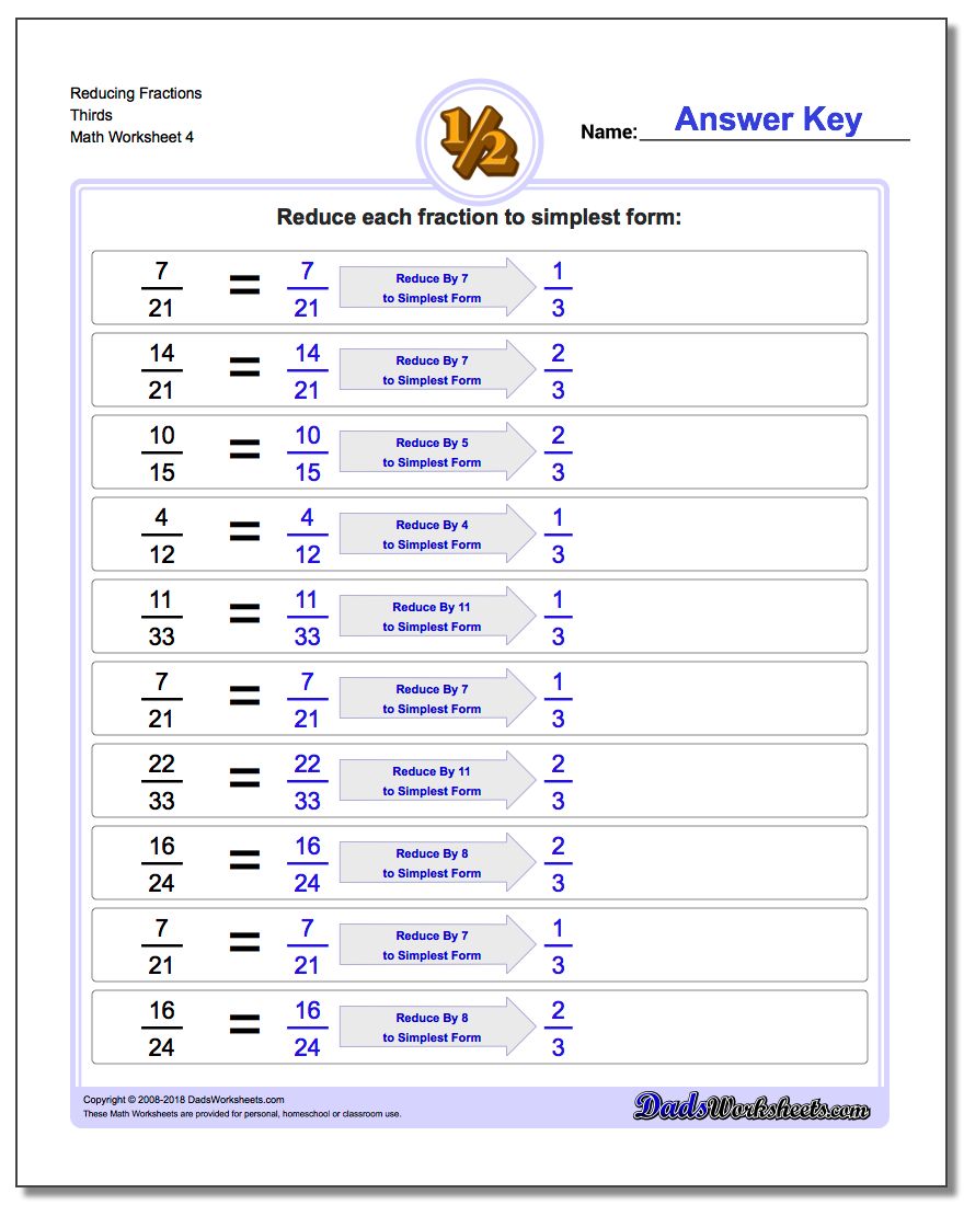 Reducing Fraction Worksheets Thirds