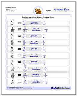 Reducing Fraction Worksheets Twelfths