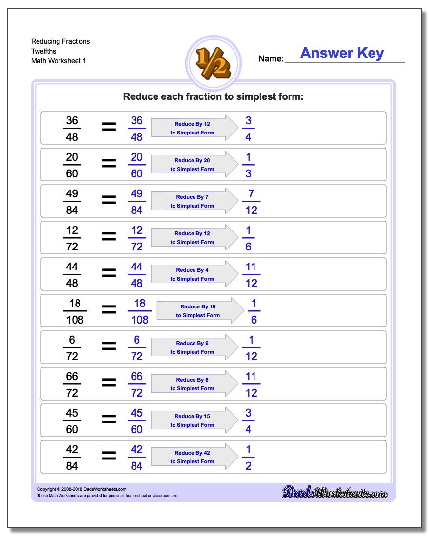 Reducing Fraction Worksheets Twelfths