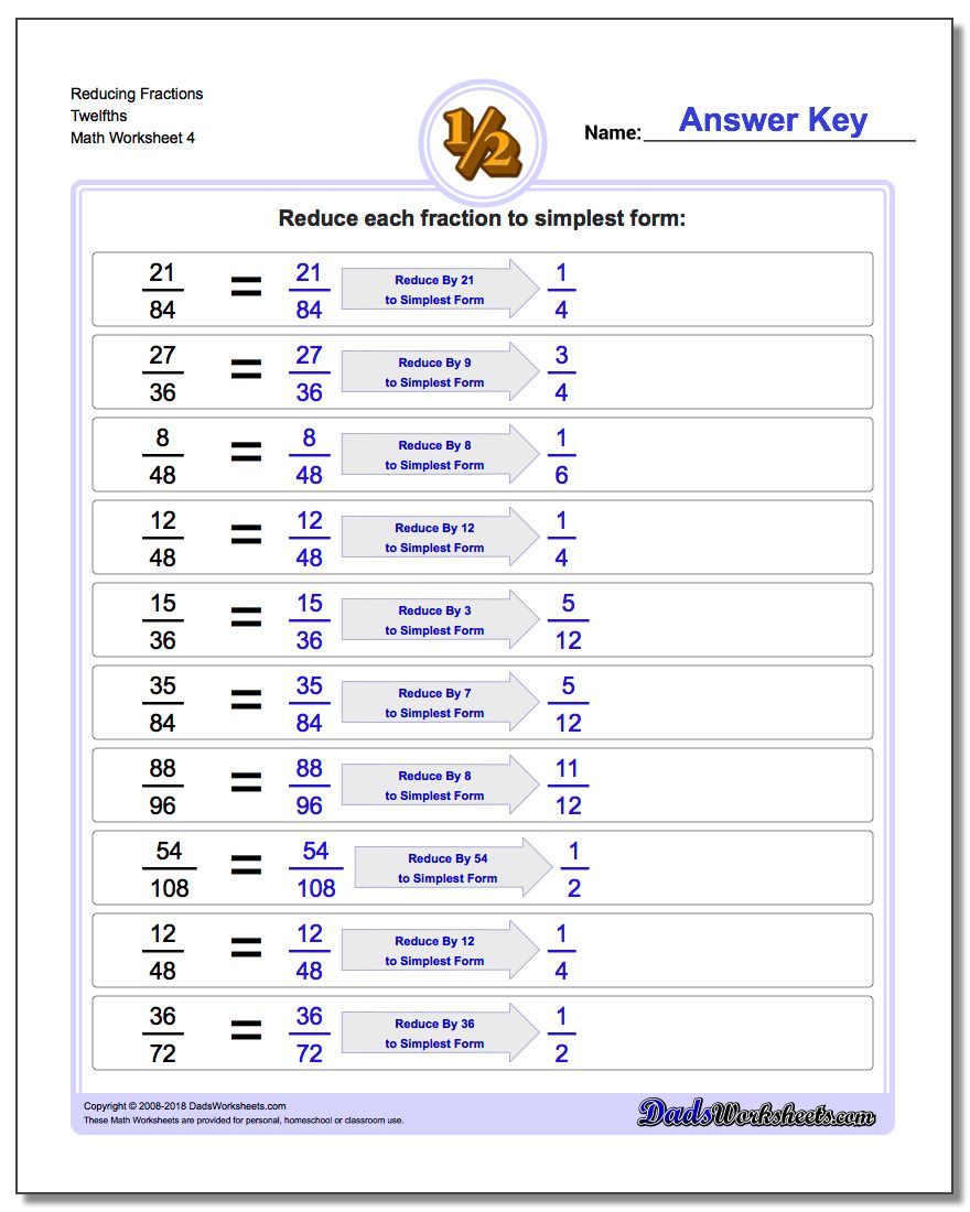 Reducing Fraction Worksheets Twelfths