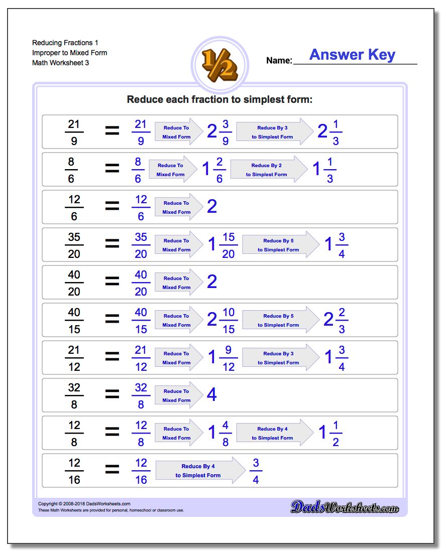 Reducing Fraction Worksheets 1 Improper to Mixed Form Worksheet