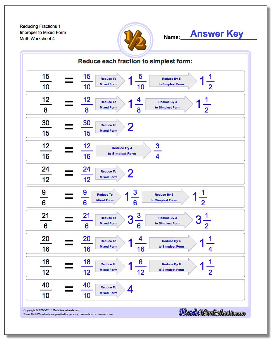 Reducing Fraction Worksheets 1 Improper to Mixed Form Worksheet