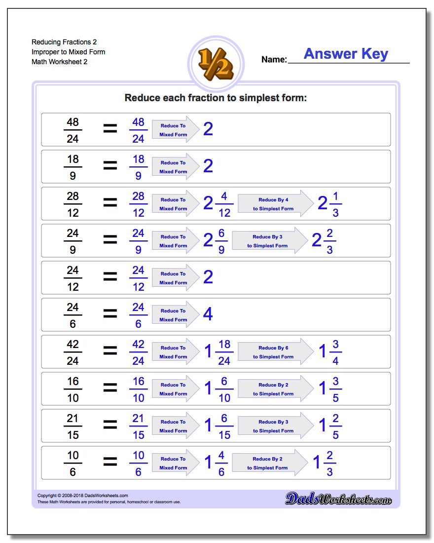 Reducing Fraction Worksheets 2 Improper to Mixed Form Worksheet www.dadsworksheets.com/worksheets/reducing-fractions.html