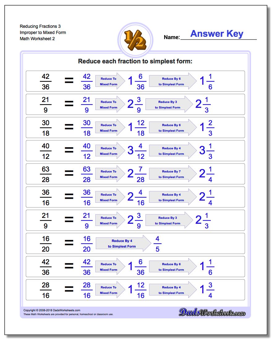 Reducing Fraction Worksheets 3 Improper to Mixed Form Worksheet www.dadsworksheets.com/worksheets/reducing-fractions.html