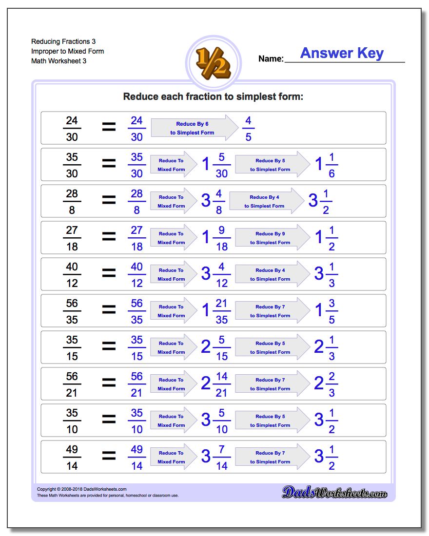 Reducing Fraction Worksheets 3 Improper to Mixed Form Worksheet