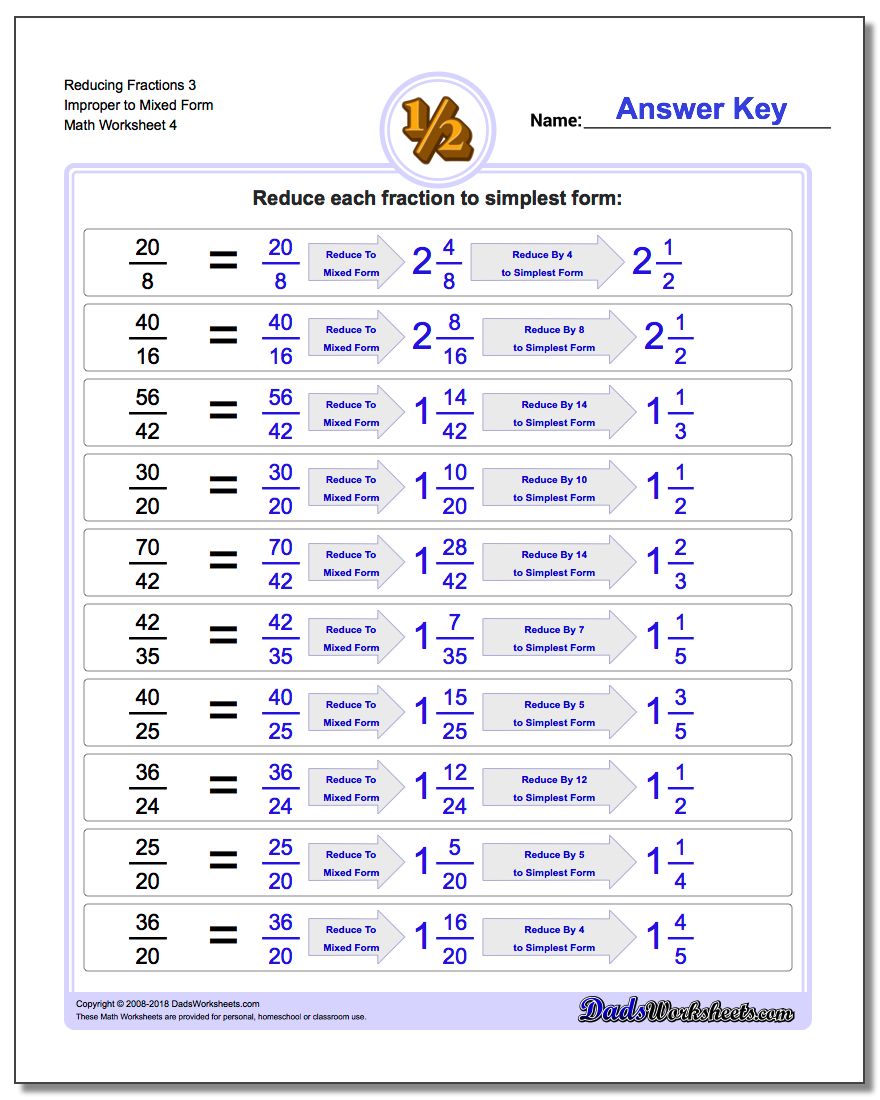 Reducing Fraction Worksheets 3 Improper to Mixed Form Worksheet