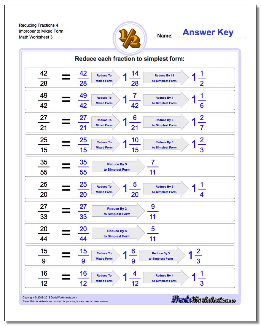 Reducing Fraction Worksheets 4 Improper to Mixed Form Worksheet