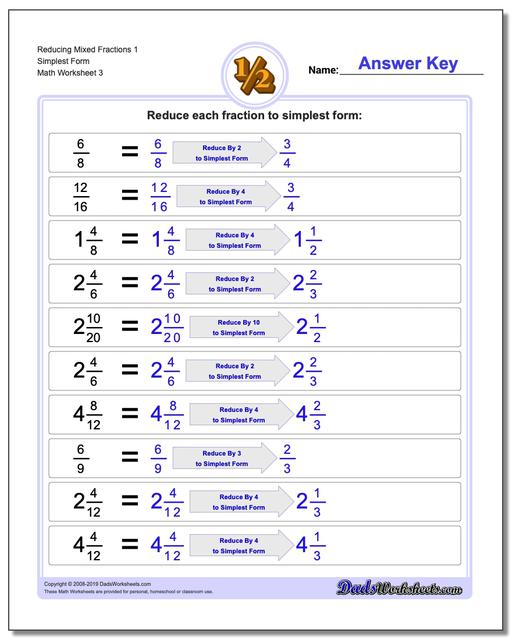 Math Worksheets: Reducing Fractions: Reducing Fractions: Reducing Mixed
