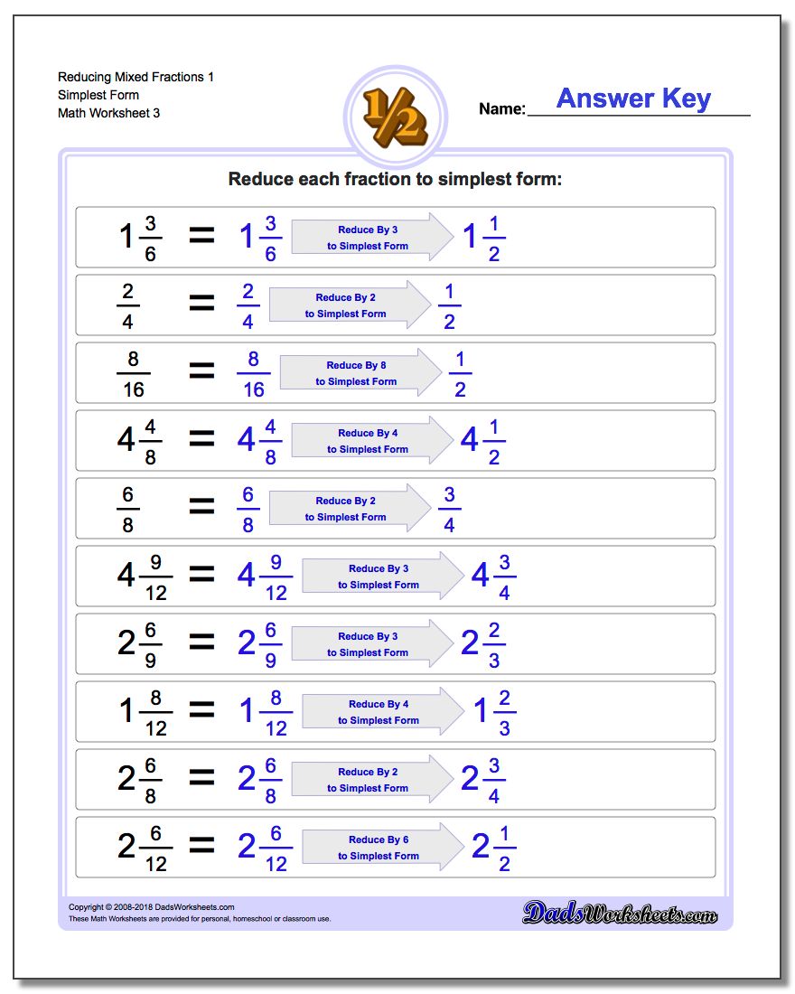 Reducing Mixed Fraction Worksheets 1 Simplest Form Worksheet
