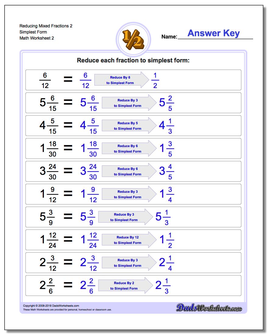 Reducing Mixed Fraction Worksheets 2 Simplest Form Worksheet www.dadsworksheets.com/worksheets/reducing-fractions.html