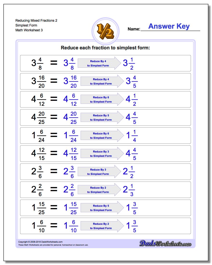 Reducing Mixed Fraction Worksheets 2 Simplest Form Worksheet