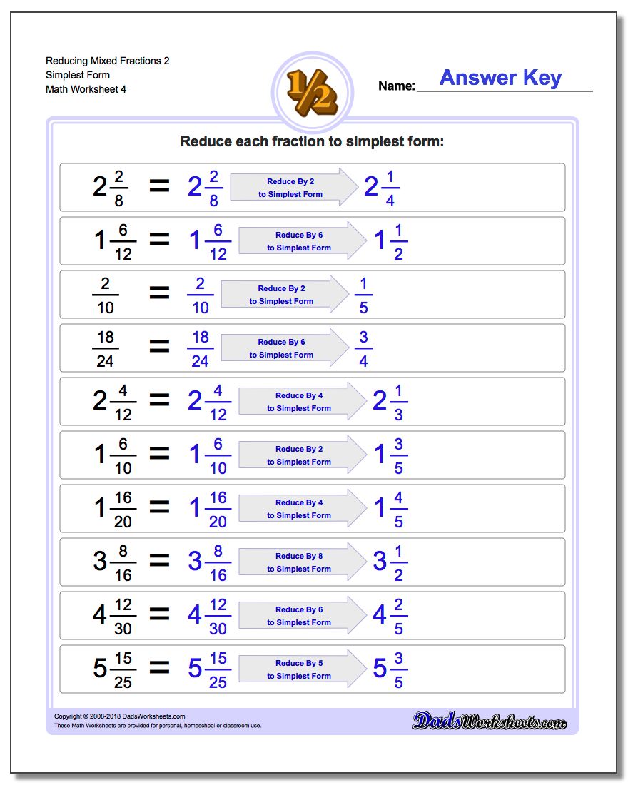 Reducing Mixed Fraction Worksheets 2 Simplest Form Worksheet