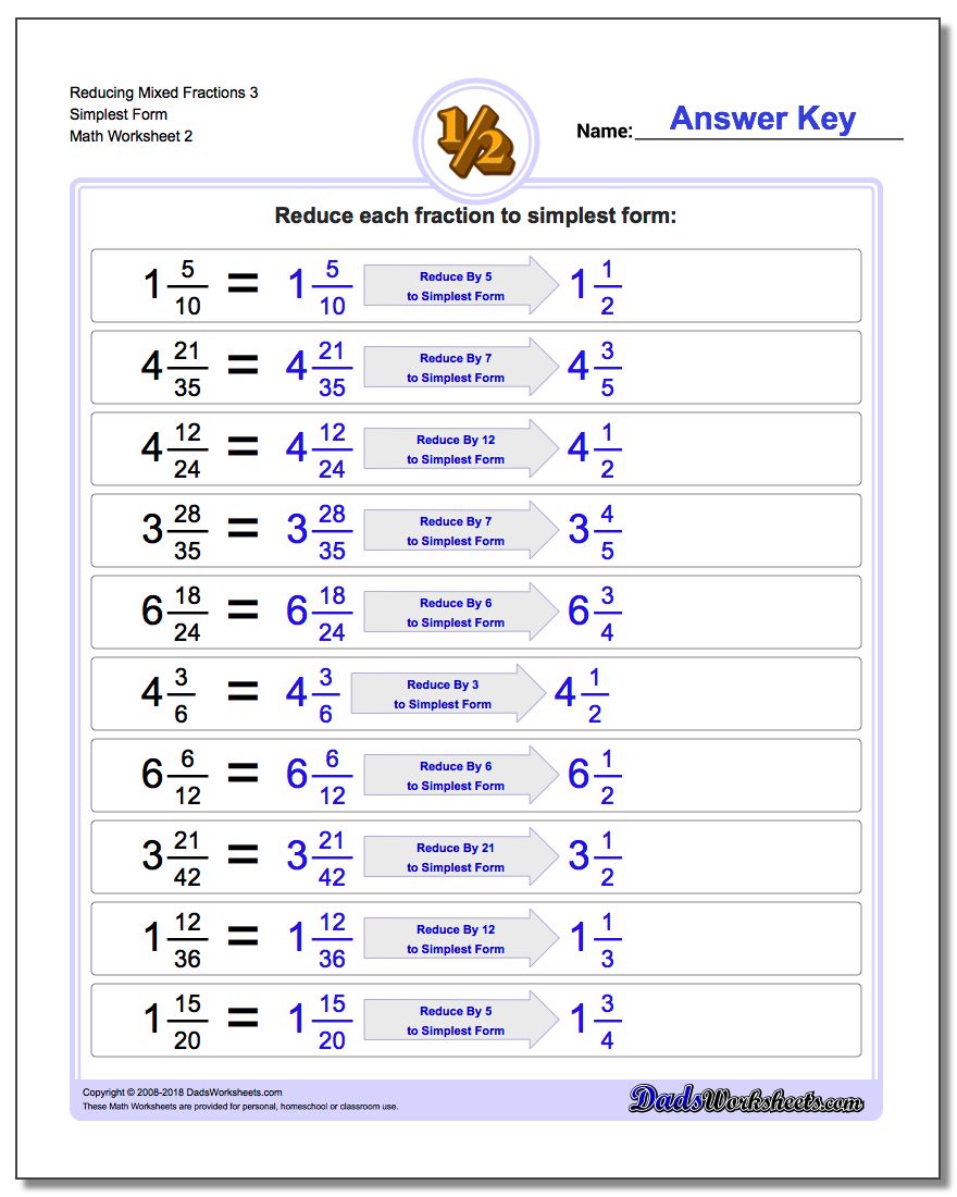 Reducing Mixed Fraction Worksheets 3 Simplest Form Worksheet www.dadsworksheets.com/worksheets/reducing-fractions.html