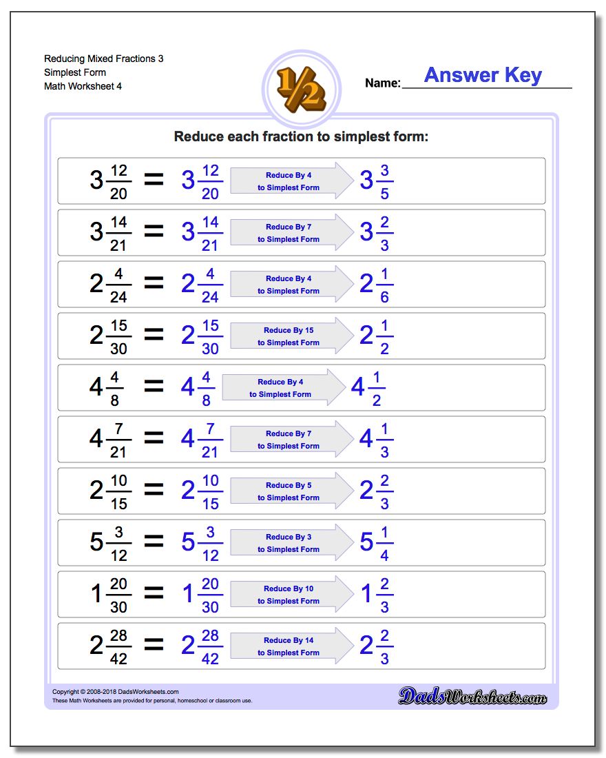 Reducing Mixed Fraction Worksheets 3 Simplest Form Worksheet