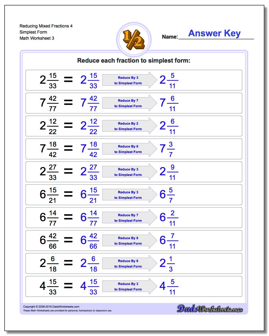 Reducing Mixed Fraction Worksheets 4 Simplest Form Worksheet