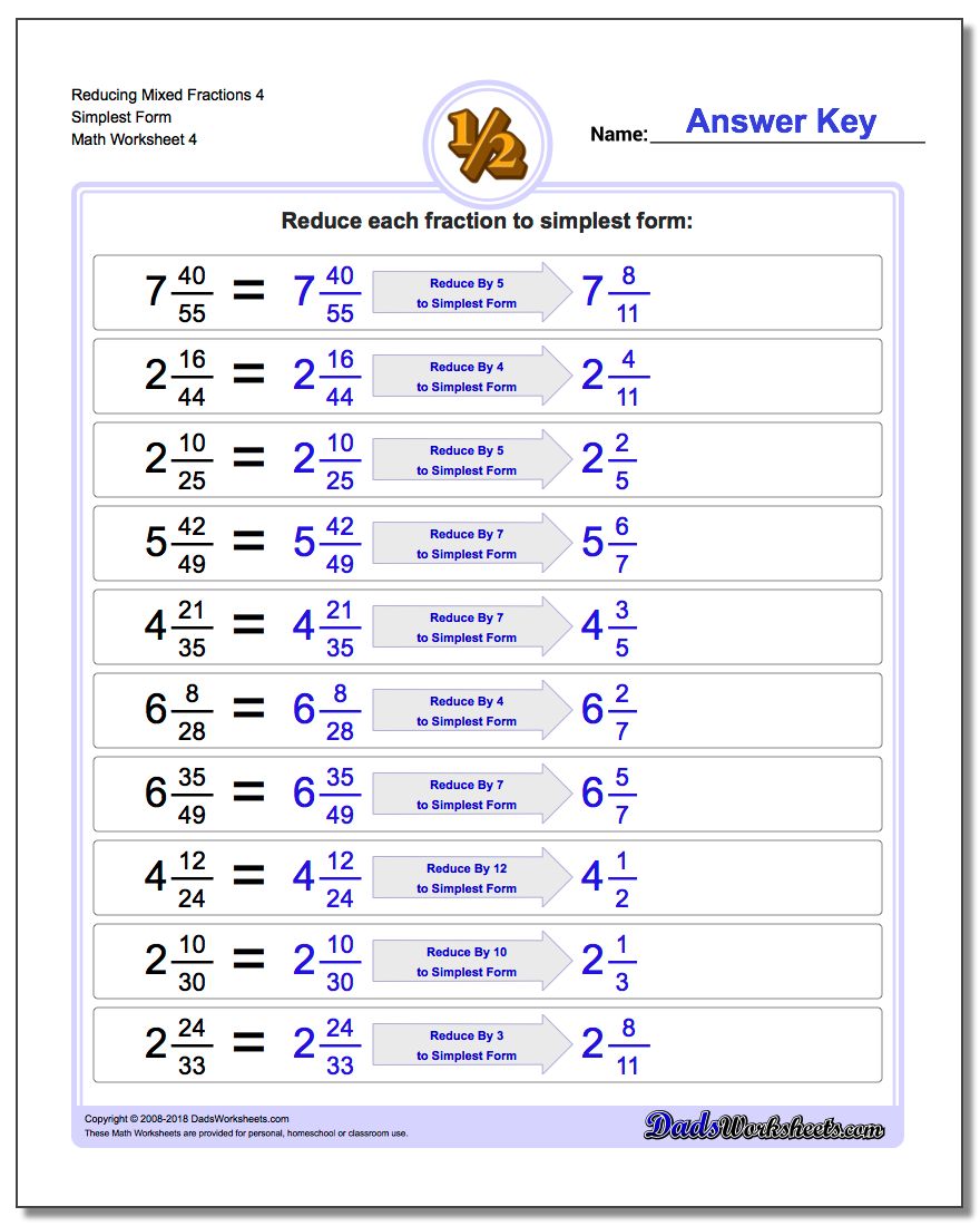 Reducing Mixed Fraction Worksheets 4 Simplest Form Worksheet
