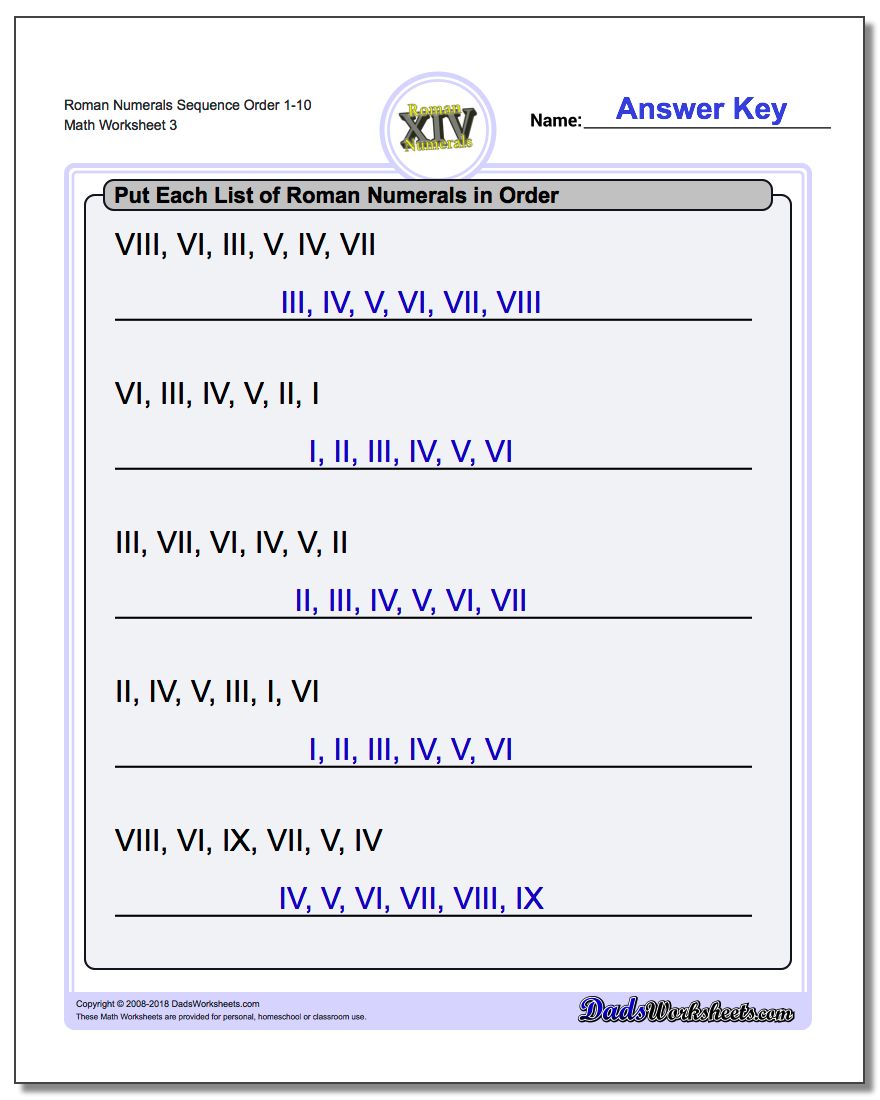 Roman Numerals Sequence Order 1-10 Worksheet