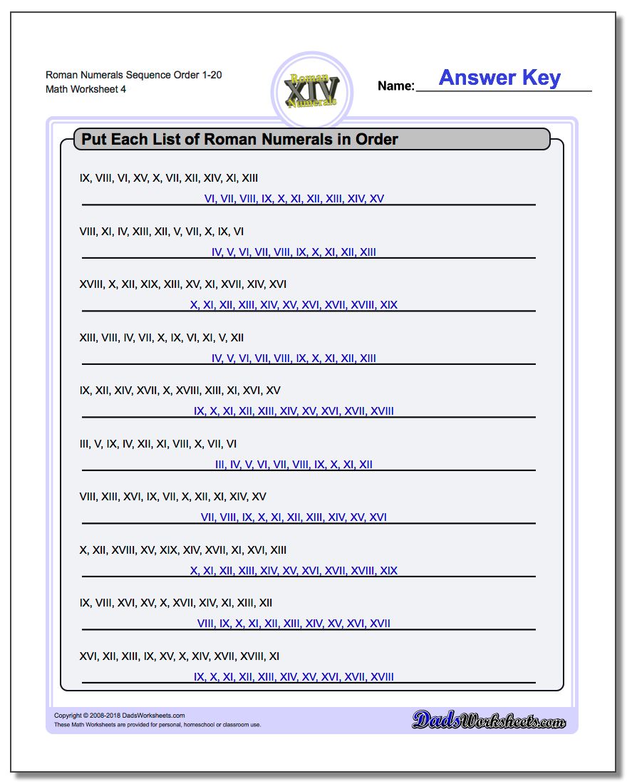 Roman Numerals Sequence Order 1-20 Worksheet