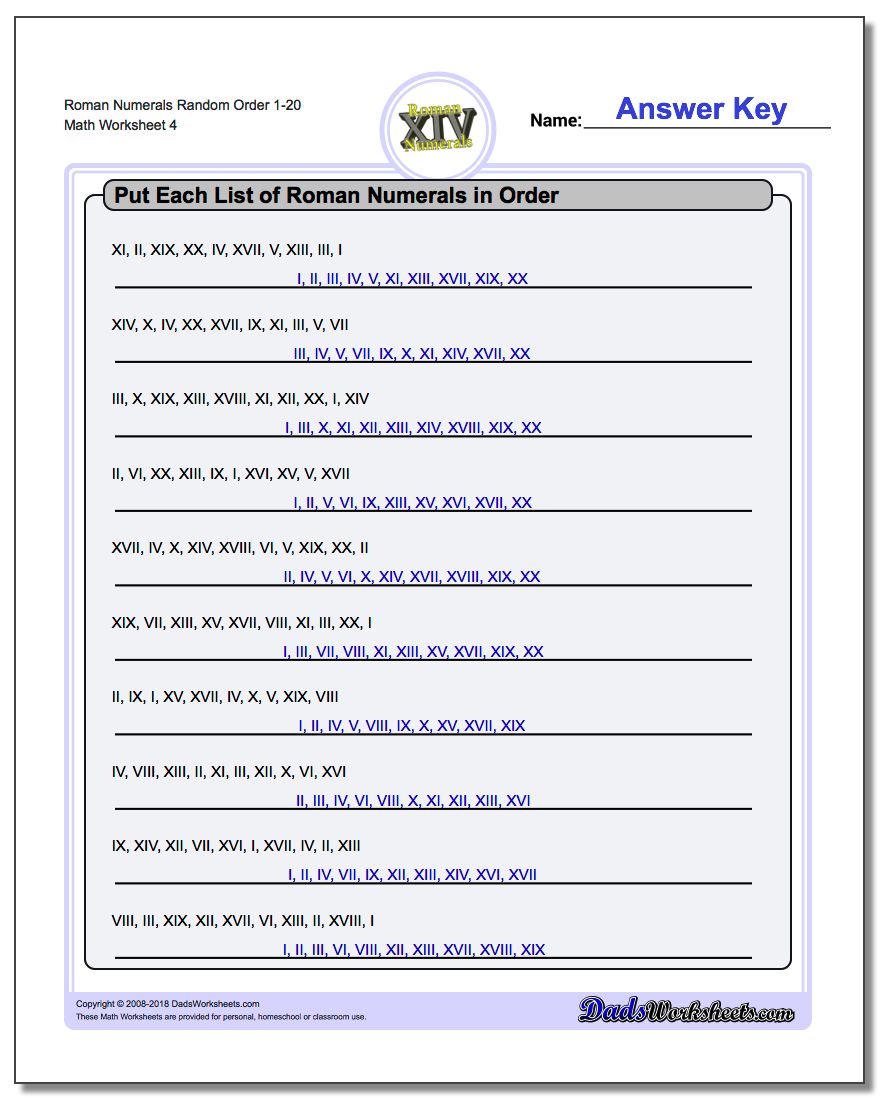 Roman Numerals Random Order 1-20 Worksheet