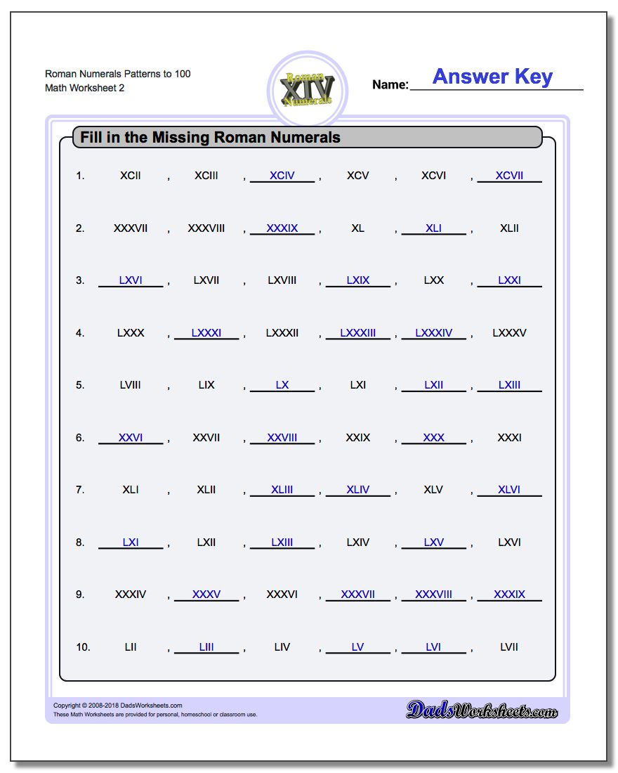 Roman Numerals Patterns to 100 www.dadsworksheets.com/worksheets/roman-numerals.html Worksheet